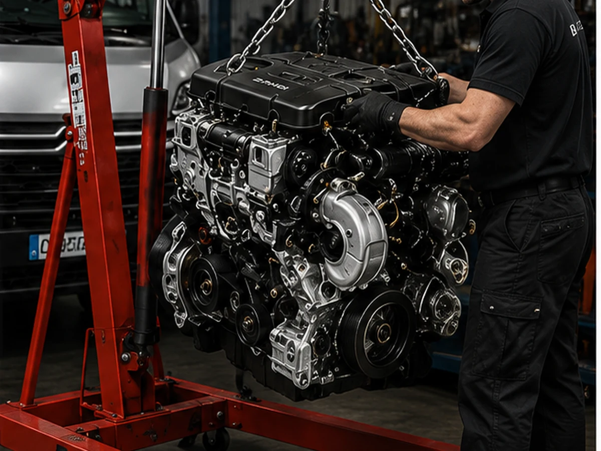 Technician handling a Citroen Relay engine during workshop fitting