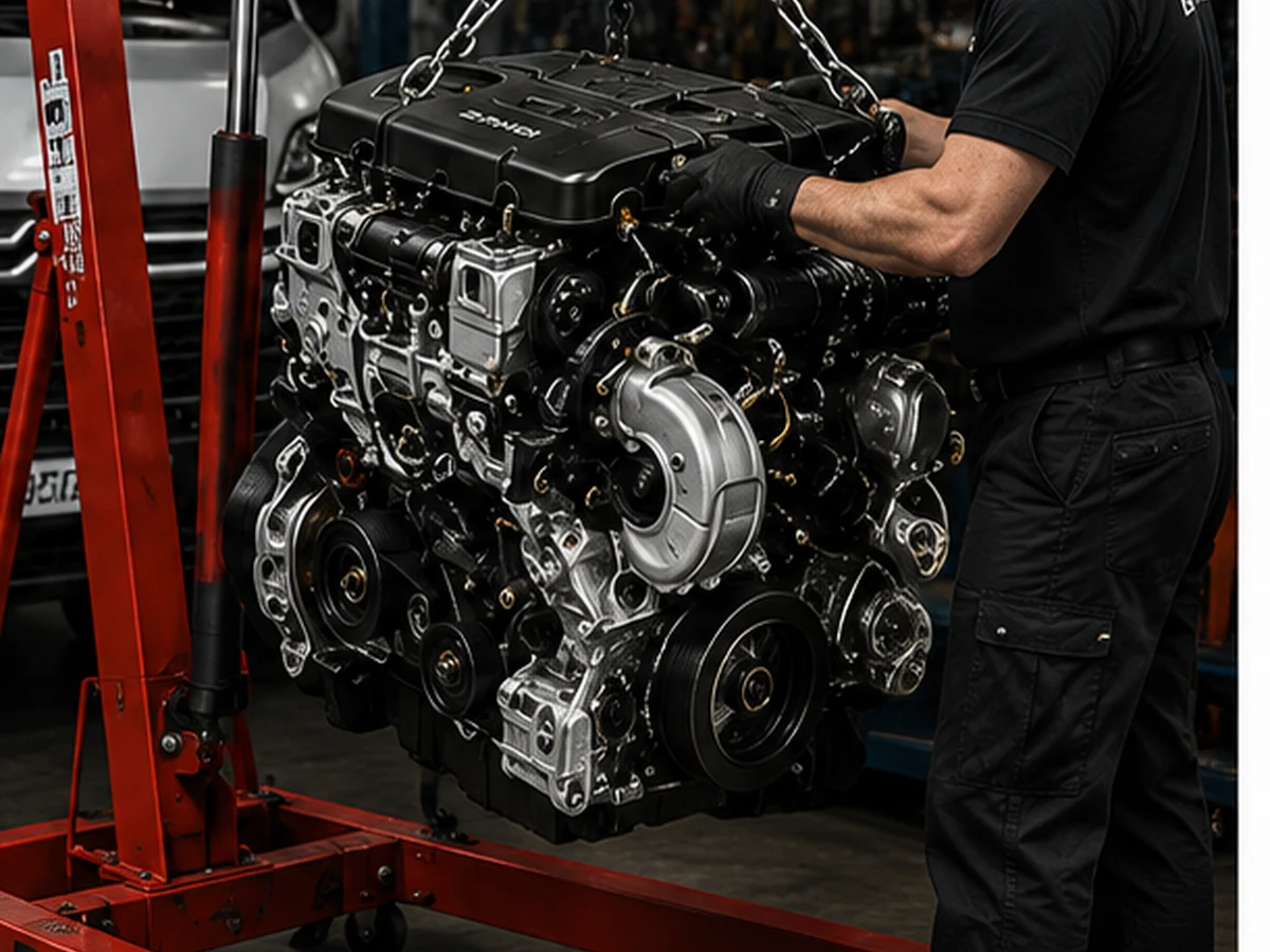Technician preparing a Citroen Relay engine for fitting in a workshop