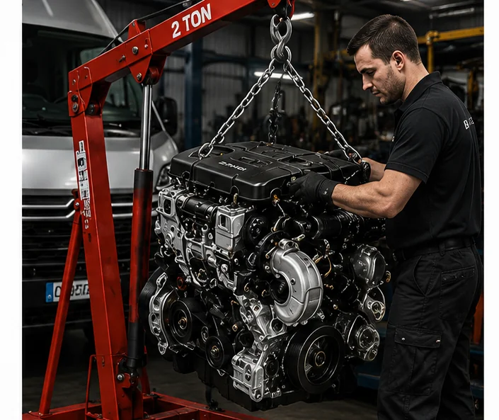Technician fitting a Citroen Relay 2.2 HDi engine in a workshop
